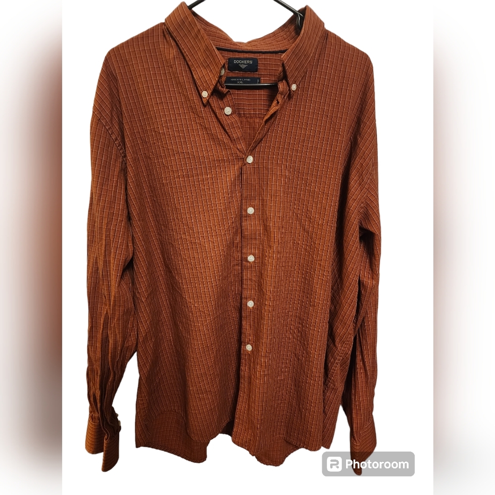 Men’s Dockers Orange White Plaid Button Down Shirt Size: XXL